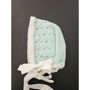 Vintage Hand-Knit Mint Green Baby Bonnet With Ribbon Ties,  for Baby or Doll